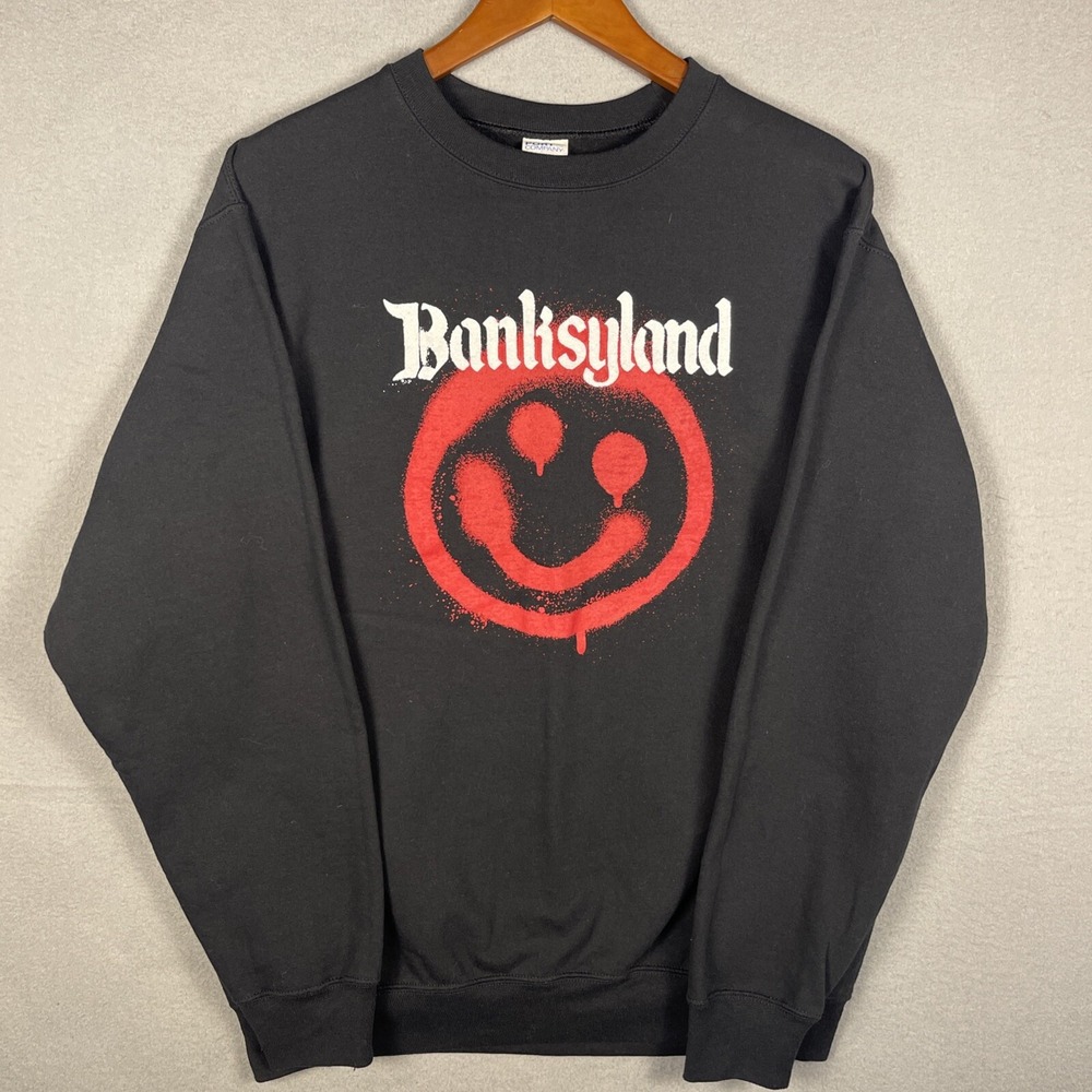 Banksyland Sweater Mens Large Black Hooded Graphic Print Art Nerd Streetwear